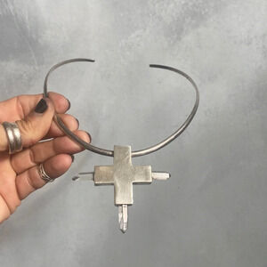 Edgy Sterling silver cross with raw quartz crystals necklace one of a kind